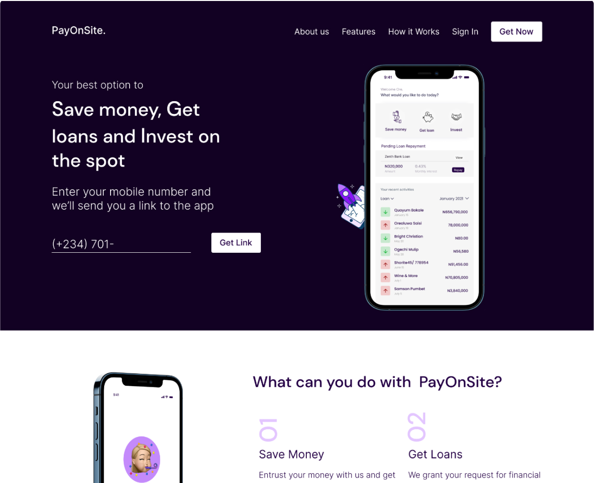 LANDING PAGE FOR PAYONSITE